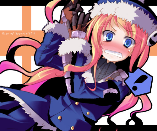 1girl, atlus, blonde_hair, blush, gun, gunner, hat, jack_frost