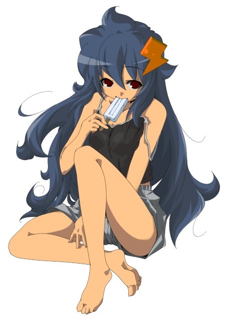 barefoot, blue_hair, eating, feet, long_hair, original, popsicle, red_eyes