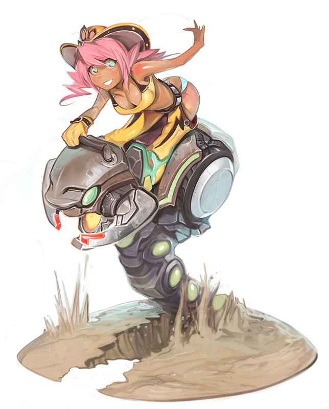 1girl, aqua_eyes, blush, breasts, chaps, hat, kichin_yarou, large_breasts, looking_at_viewer, midriff, original, pink_hair, riding, riding_machine, rodeo, simple_background, solo, white_background