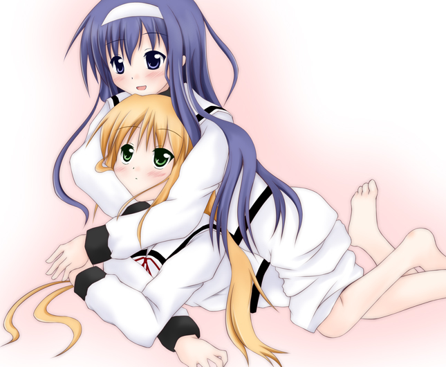 00s, 2girls, :d, arisa_bannings, bangs, barefoot, blonde_hair, closed_mouth