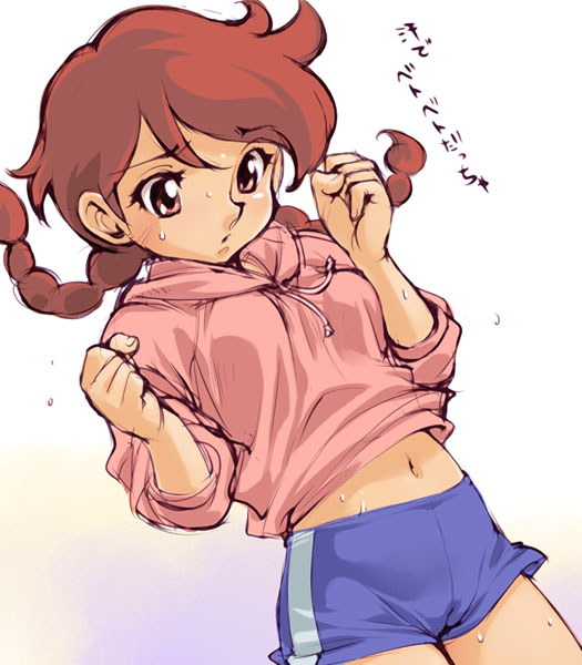 1girl, braid, myuracchi_(ayashii_hon'ya), myuratch, navel, ring_ni_kakero, shorts, sleeves_rolled_up