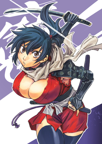 1girl, armor, bangs, blue_hair, blue_legwear, breasts, brown_eyes, cleavage