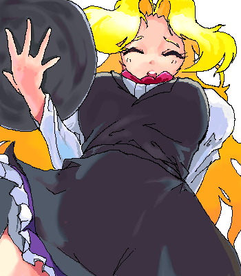 1girl, blonde_hair, lowres, oekaki, solo, vector_(artist), waitress