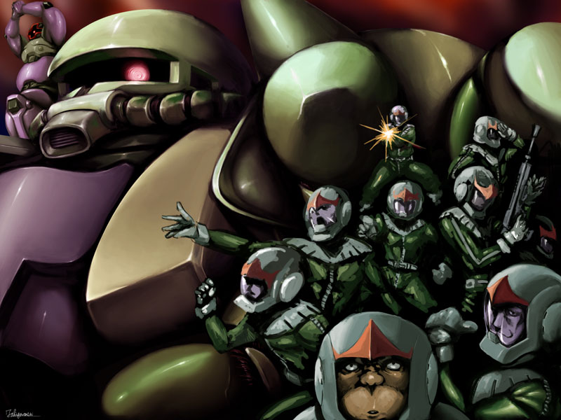 6+boys, caryo, denim_(gundam), denim_(mobile_suit_gundam), dom, gun, gundam, helmet, machine_gun, mecha, mobile_suit_gundam, multiple_boys, pilot_suit, tabigarasu, weapon, zaku, zaku_ii, zaku_ii_f, zaku_ii_f/j, ziin