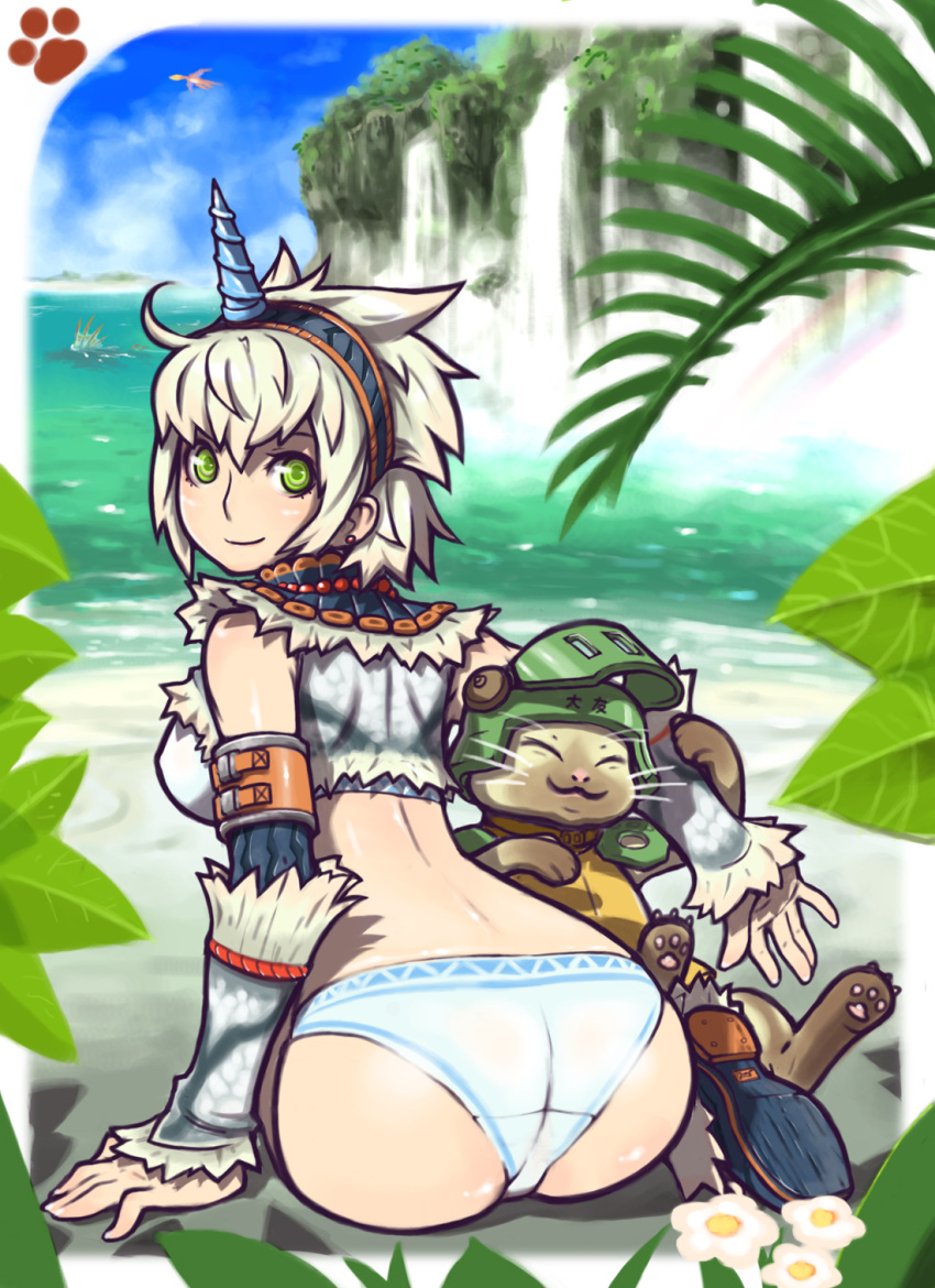 ass, back, beach, bikini, capcom, felyne, green_eyes, hairband