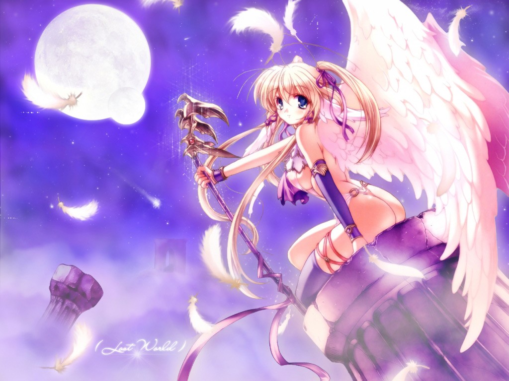 1girl, angel, angel_wings, arm_support, ass, back, blonde_hair, blue_eyes