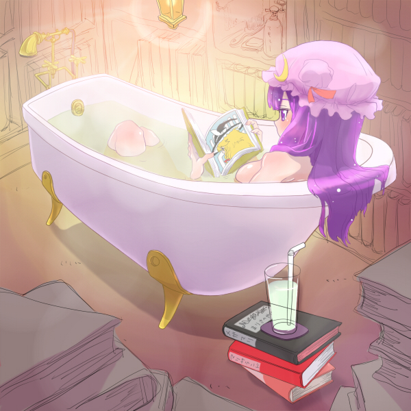 1girl, 31107029, bad_id, bath, bathtub, book, breasts, claw_foot_bathtub