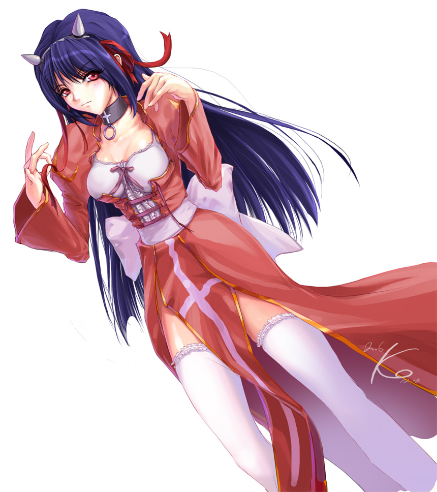 1girl, blue_hair, choker, collar, dutch_angle, frills, hairband, high_priest, high_priestess, horns, long_hair, ragnarok_online, red_eyes, ribbon, simple_background, solo, thigh-highs, tsujimura_kasumi