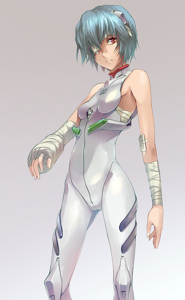 asaki_takayuki, ayanami_rei, bandage, bandage_over_one_eye, blue_hair, eyepatch, long_legs, neon_genesis_evangelion