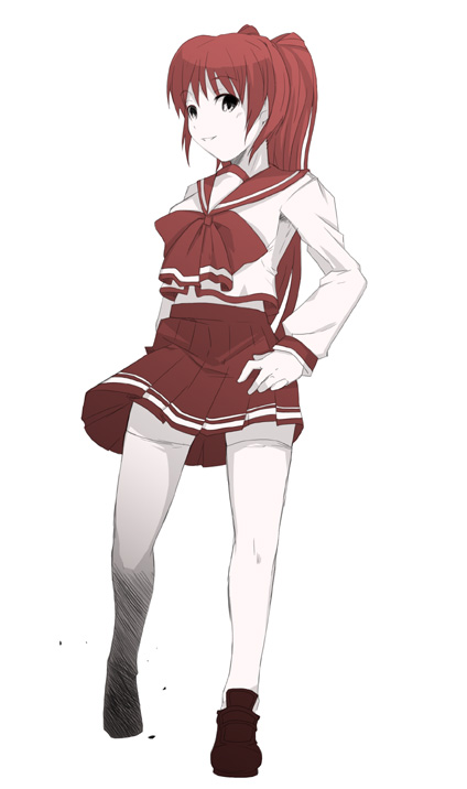 1girl, bow, full_body, hand_on_hip, hips, kousaka_tamaki, long_hair, midriff