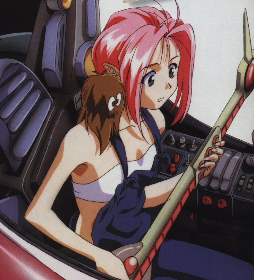 1girl, 90s, ahoge, bare_shoulders, cockpit, green_eyes, guvava, highres