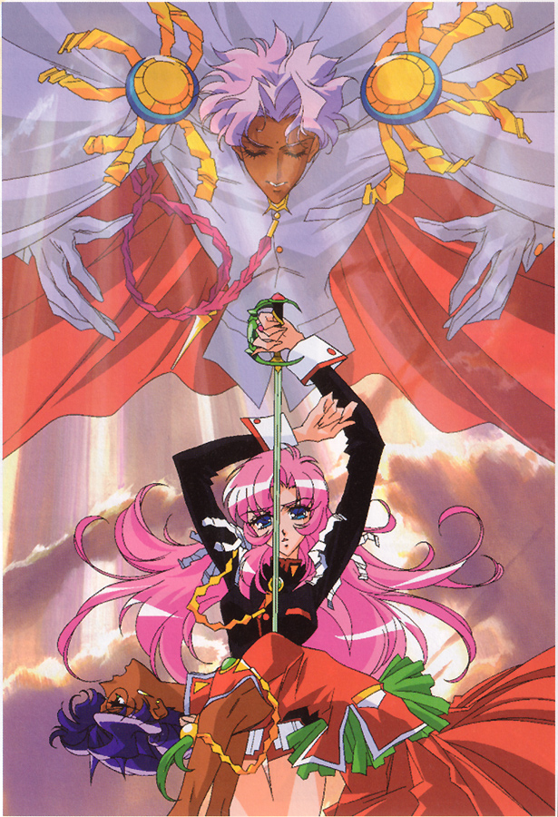 1boy, 2girls, 90s, aiguillette, blue_eyes, cape, closed_eyes, dark_skin