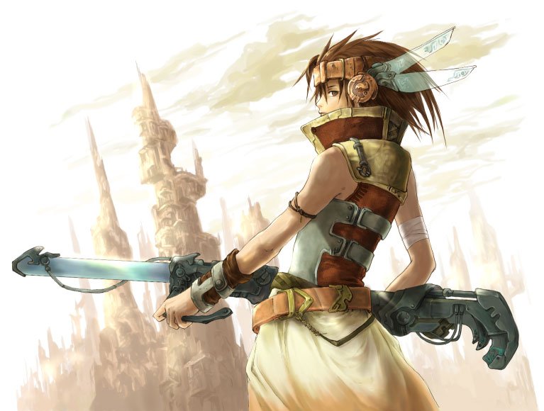 androgynous, bandage, bare_shoulders, belt, brown_eyes, brown_hair, gun, headband