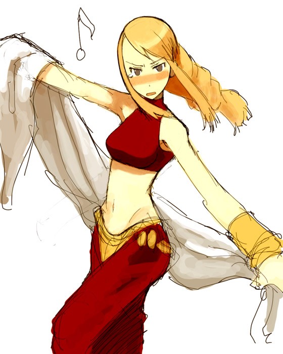 1girl, agrias_oaks, bare_shoulders, blonde_hair, blush, breasts, brown_eyes, class_change, dancer, dancer_(fft), final_fantasy, final_fantasy_tactics, long_hair, midriff, simple_background, sleeveless, sleeveless_turtleneck, solo, turtleneck