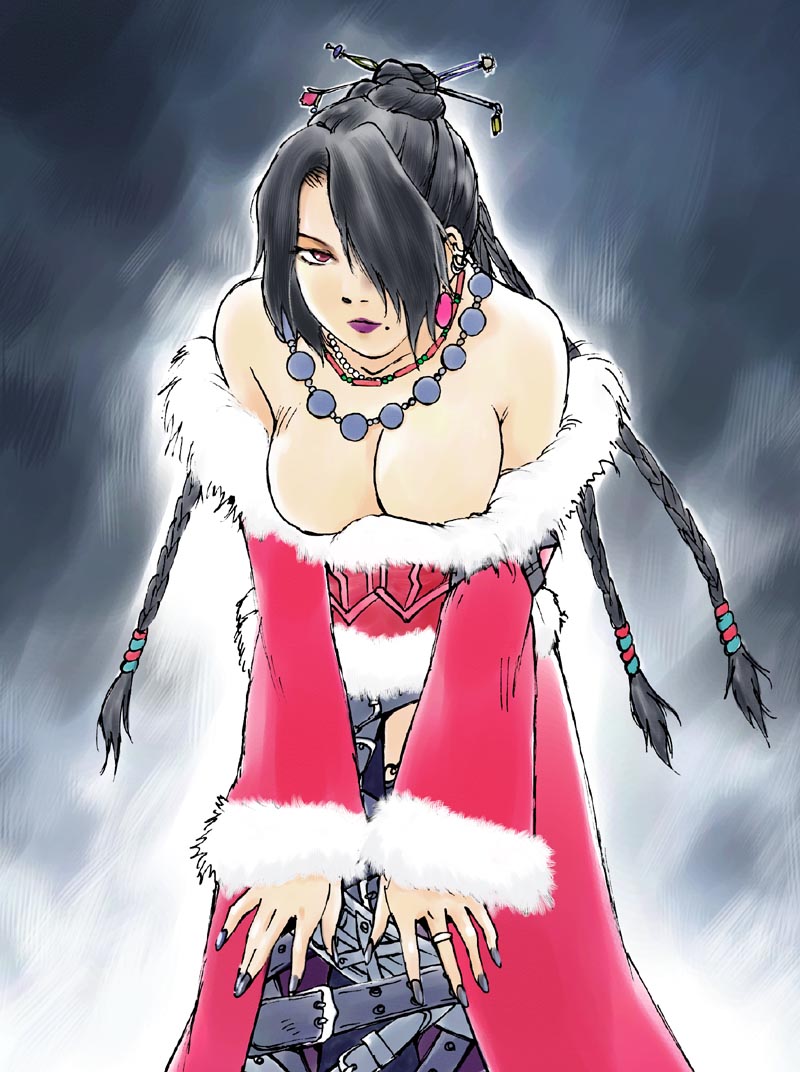 1girl, bangs, bare_shoulders, beads, belt, beltskirt, black_background, black_hair