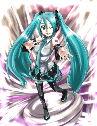 1girl, aqua_hair, hatsune_miku, mikage_nao, solo, thigh-highs, twintails, vocaloid
