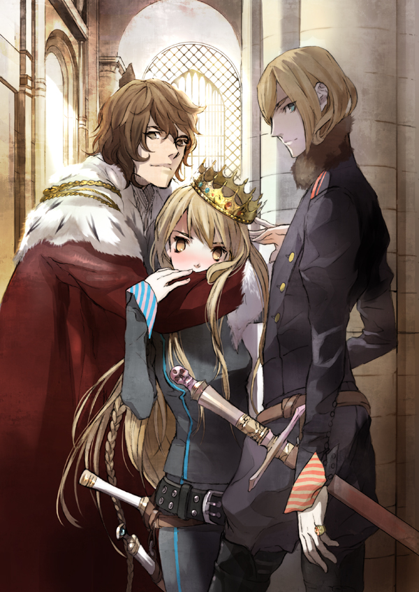 00s, 1girl, 2boys, ashihara_chihiro, blonde_hair, cape, character_request, crown