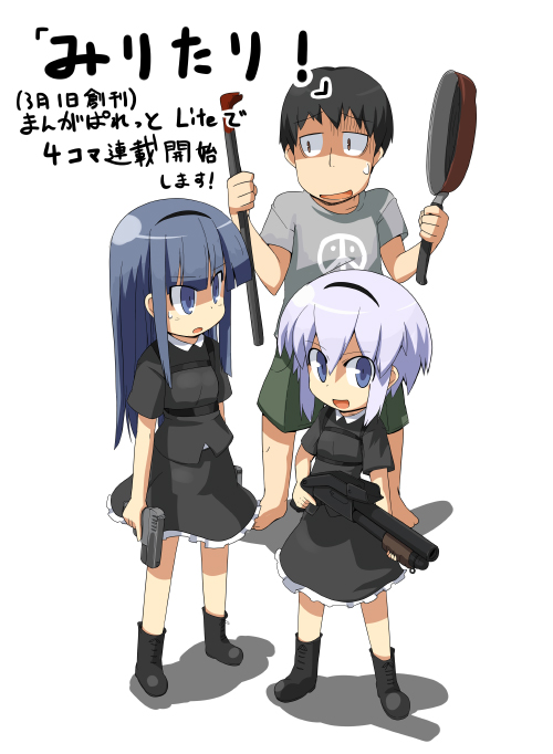 1boy, 2girls, :d, :o, bangs, barefoot, beltbra, black_hair, black_shirt, black_skirt, blue_eyes, blue_hair, blunt_bangs, boots, breasts, character_request, combat_boots, constricted_pupils, dual_wielding, frills, frying_pan, full_body, gun, hairband, handgun, haruka_(miritari!), holding, holding_weapon, ichijinsha, long_hair, looking_at_viewer, looking_to_the_side, lutgalnikov_(miritari!), mamo_williams, miritari!, multiple_girls, open_mouth, peace_symbol, pistol, shaded_face, shadow, shirt, short_hair, short_sleeves, shorts, shotgun, sidelocks, silver_hair, simple_background, skirt, small_breasts, smile, standing, sweatdrop, t-shirt, weapon, white_background, wing_collar, yano_souhei