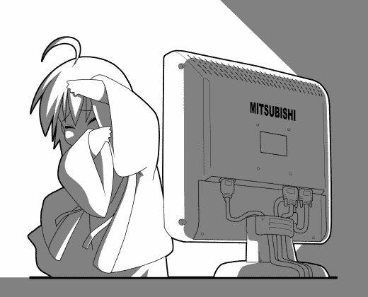 1girl, ahoge, mitsubishi, mitsubishi_electric, monitor, monochrome, original, shading_eyes