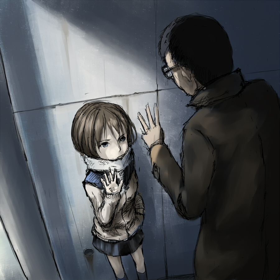 1boy, 1girl, bad_id, glasses, kurumaebi, original, scarf