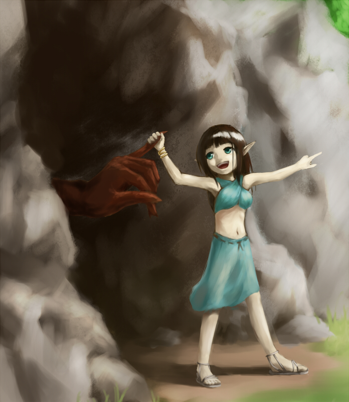 1girl, bad_id, blue_oni, cave, elf, kurumaebi, oni, pointing