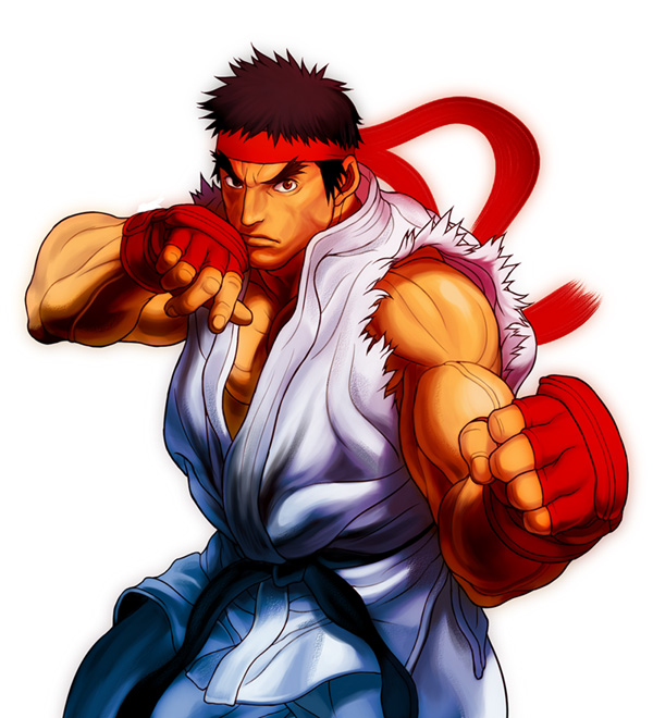 1boy, bosnoheya, brown_hair, capcom, clenched_hands, fighting_stance, headband, looking_at_viewer