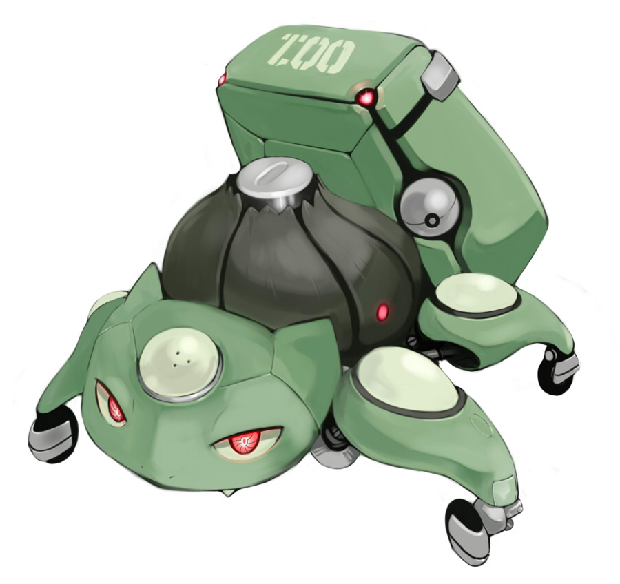 crossover, fang, ghost_in_the_shell, ghost_in_the_shell_stand_alone_complex, inemuri_uno, mecha, mechanization, nintendo, no_humans, parody, pokemon, simple_background, solo, tachikoma, white_background