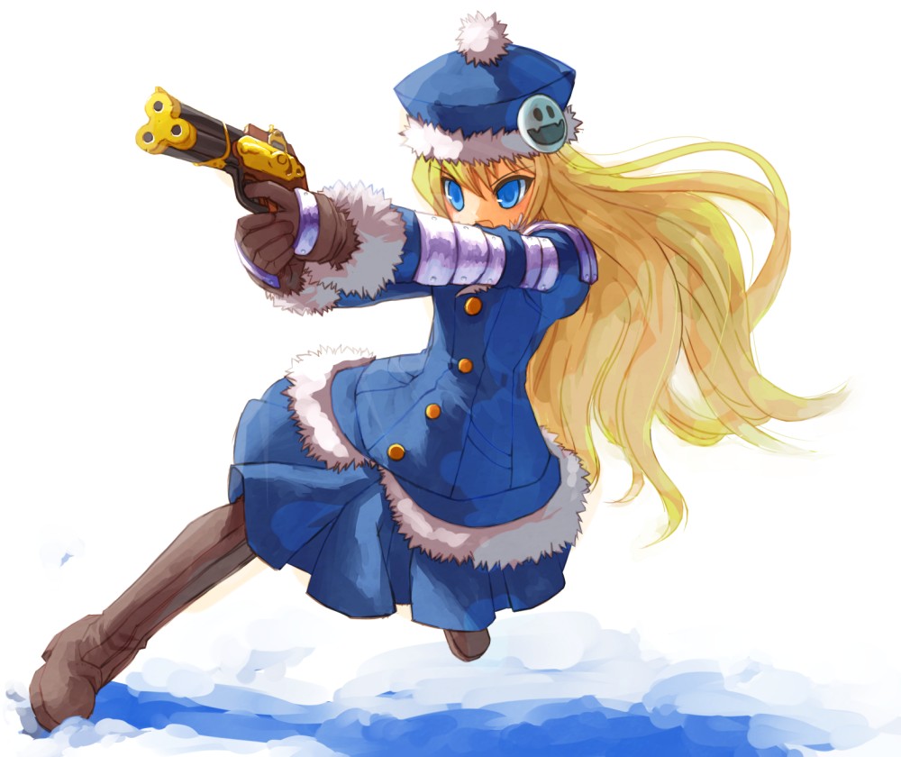 1girl, atlus, bad_id, blonde_hair, blue_eyes, gun, gunner, hat