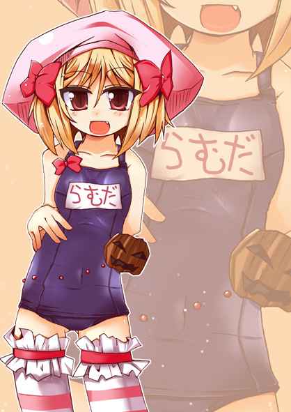 1girl, blonde_hair, fang, garters, hat, jack-o'-lantern, lambdadelta, name_tag