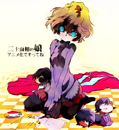 1girl, aqua_eyes, bad_id, character_doll, kneeling, koito_shunka, lowres, mikamo_chizuko