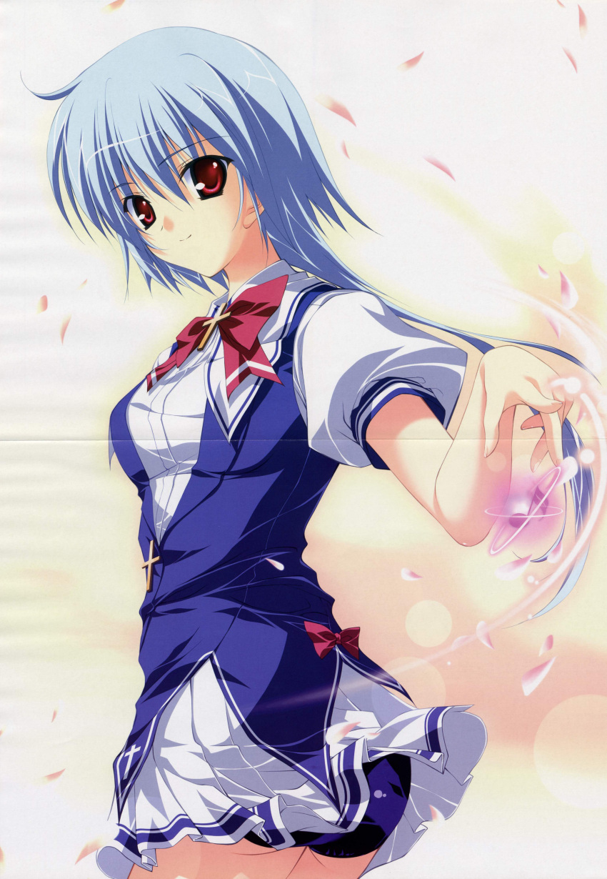 1girl, absurdres, blue_hair, crease, cross, fumio_(ura_fmo), highres, kuu_(lyrical_lyric), lyrical_lyric, petals, red_eyes, scan, school_uniform, serafuku, solo