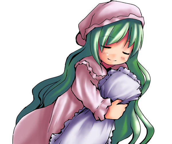 1girl, artist_request, female, frilled_pillow, frills, green_hair, kazami_yuuka, kazami_yuuka_(pc-98)