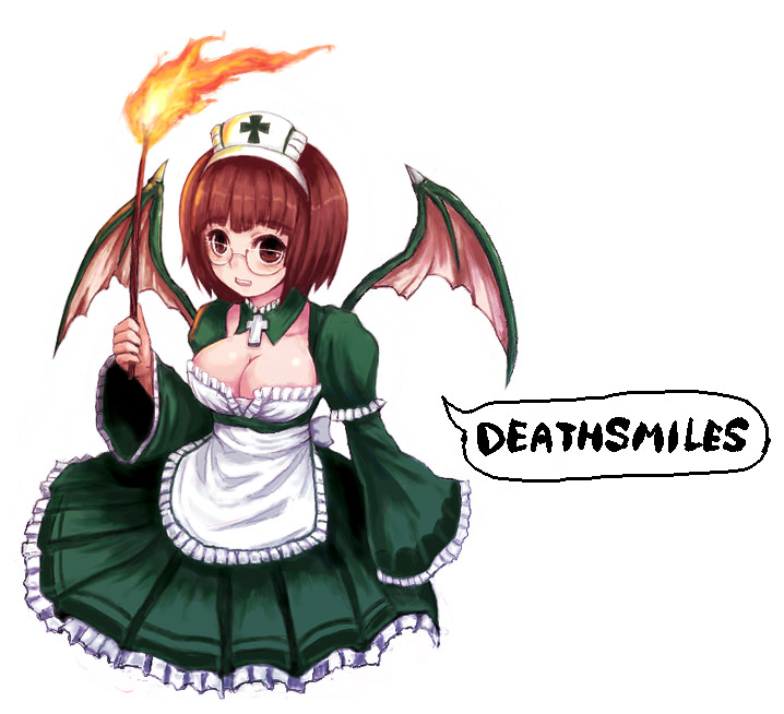 1girl, bat_wings, breasts, brown_eyes, brown_hair, cave_(developer), cleavage, cross