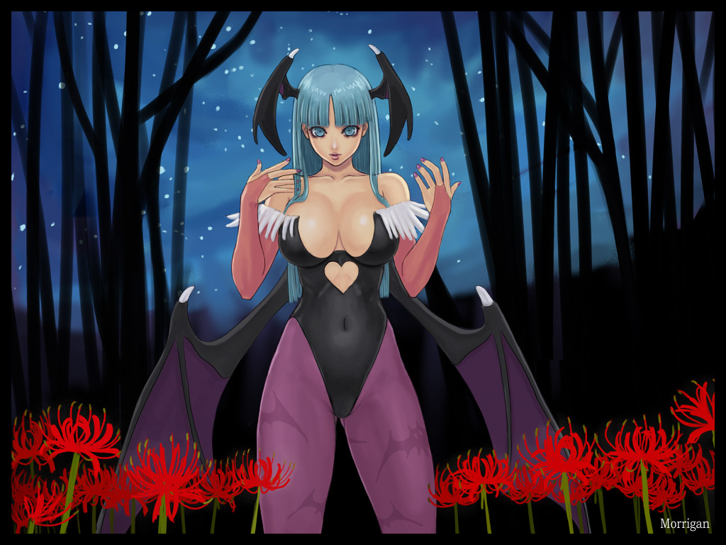 1girl, ark, ark_(morita_hitomi), bat_print, capcom, character_name, demon_girl, morrigan_aensland