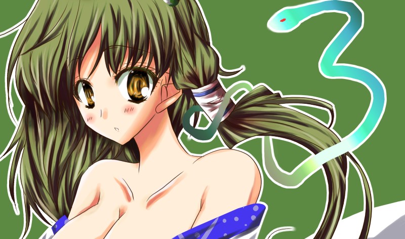1girl, animal, asymmetrical_hair, bare_shoulders, breasts, brown_eyes, cleavage, collarbone