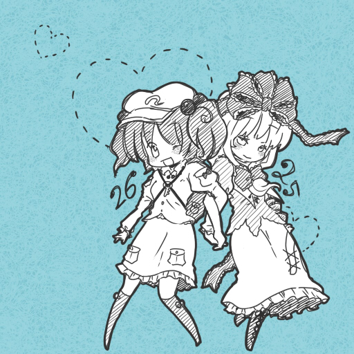 2girls, chibi, female, front_ponytail, hair_bobbles, hair_ornament, kagiyama_hina, kawashiro_nitori