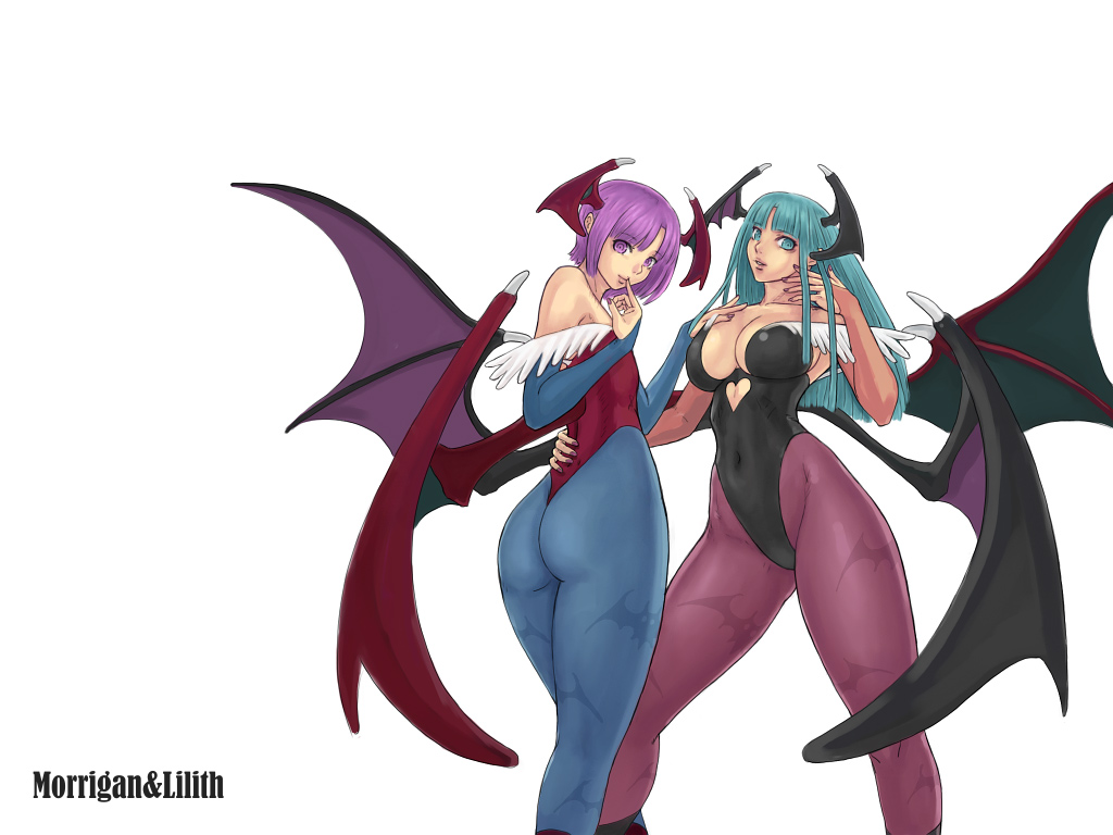 2girls, ark, ark_(morita_hitomi), bat_print, blue_legwear, breasts, bridal_gauntlets, capcom