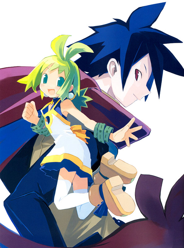 1boy, 1girl, ash_(phantom_brave), blue_hair, bracelet, dress, earrings, green_eyes