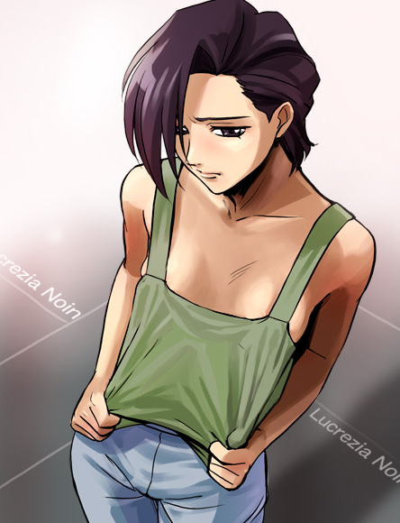 1girl, 90s, asymetrical_bob_cut, bare_arms, bare_shoulders, black_hair, breasts, character_name, cleavage, collarbone, crotch_seam, denim, gradient, gradient_background, gundam, gundam_wing, haruyama_kazunori, jeans, looking_down, lucrezia_noin, no_bra, pants, shirt_pull, short_hair, solo, standing, tank_top, violet_eyes