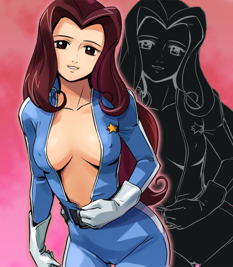 1girl, haruyama_kazunori, hoshikawa_mutsumi, open_clothes, open_shirt, shirt, solo, the_ultraman