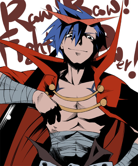 1boy, abs, bandage, blue_hair, bodypaint, cape, dousaki_shin'ya, glasses, kamina, kamina_shades, male_focus, sarashi, shirtless, solo, tengen_toppa_gurren_lagann, white_background