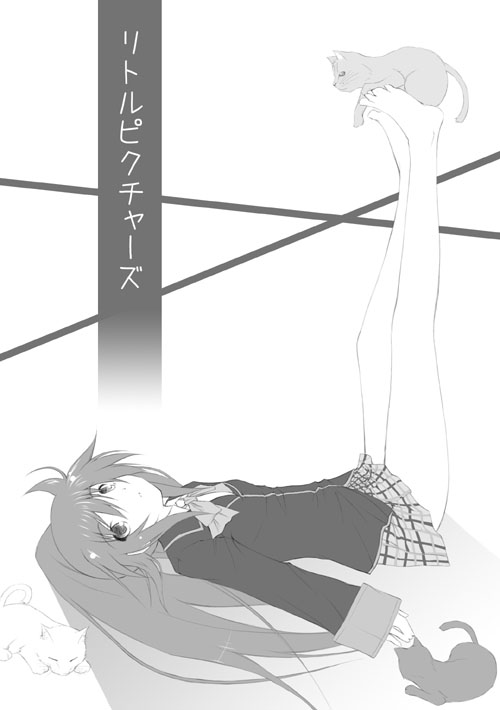 1girl, barefoot, cat, dousaki_shin'ya, feet, lennon, little_busters!!, monochrome