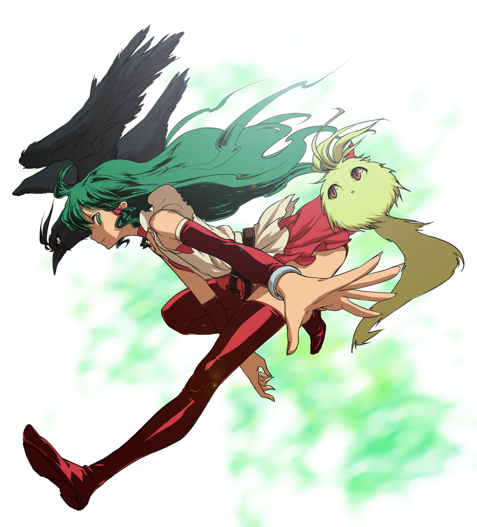 1girl, deltora_quest, egawa_satsuki, filli, foreshortening, green_eyes, green_hair, hands, jasmine_(deltora_quest), legs, solo, thigh-highs