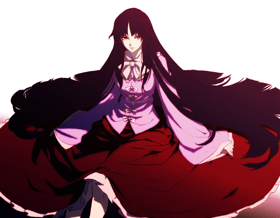 1girl, alternate_eye_color, black_hair, bow, egawa_satsuki, female, frilled_skirt, frills