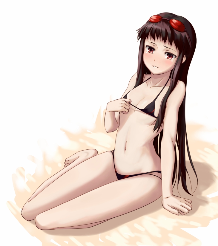 1girl, ar_tonelico, ar_tonelico_ii, arm_support, barefoot, bikini, brown_hair, flat_chest