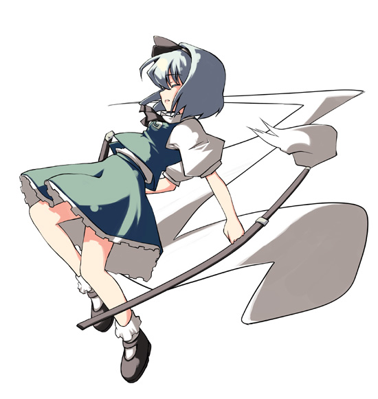 1girl, blue_eyes, bobby_socks, dress, female, full_body, green_dress, hitodama, katana, konpaku_youmu, konpaku_youmu_(ghost), looking_at_viewer, mary_janes, miaka_(artist), puffy_short_sleeves, puffy_sleeves, salty_(cherrypie), shaded_face, sheath, sheathed, shoes, short_hair, short_sleeves, silver_hair, simple_background, socks, solo, sword, tassel, touhou, weapon, white_background, white_legwear