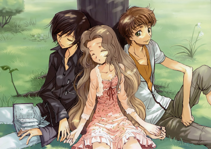 1girl, 2boys, absurdres, black_hair, book, brown_hair, code_geass, green_eyes, highres, kimura_takahiro, kururugi_suzaku, lelouch_lamperouge, long_hair, multiple_boys, nunnally_lamperouge, ookouchi_ricca, scan, short_hair, sleeping
