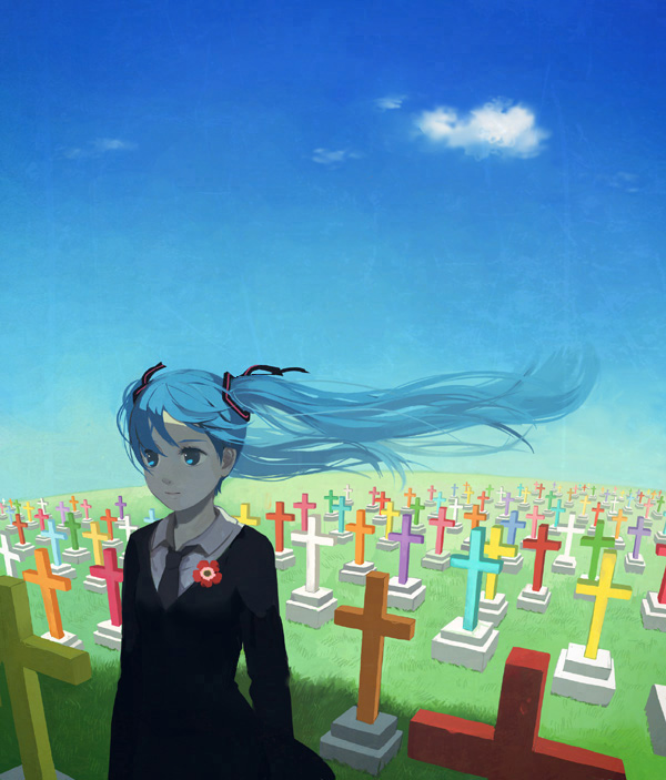 1girl, aqua_hair, clouds, grave, graveyard, hatsune_miku, kb, kirobaito