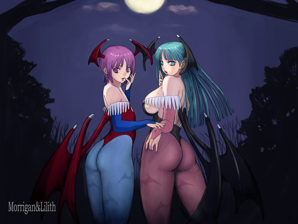 2girls, aqua_eyes, aqua_hair, ark, ark_(morita_hitomi), ass, bare_shoulders, bat_print