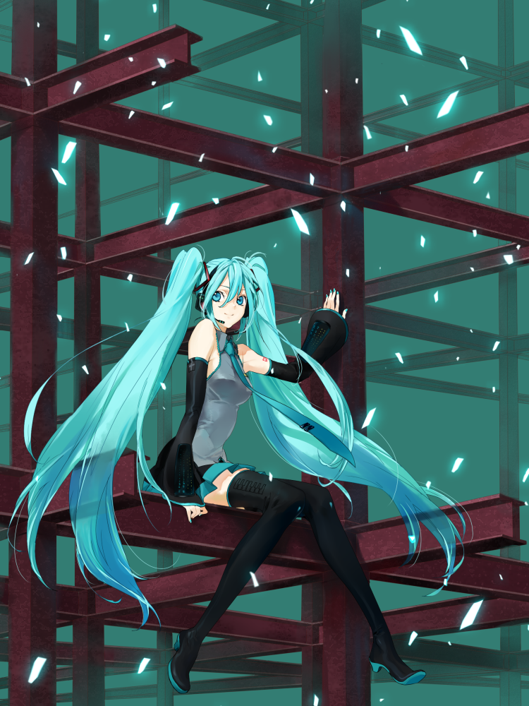1girl, aqua_eyes, aqua_hair, construction_site, detached_sleeves, hatsune_miku, ie, ie_(mochi), long_hair, sitting, solo, thigh-highs, twintails, very_long_hair, vocaloid